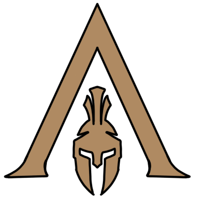 the Assassin's Creed: Odessey logo, colored bronze. it looks like a capital letter Aleph with an ancient Greek helmet underneath it.